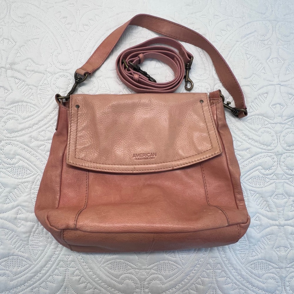American Leather Co Pink Pebble Leather Crossbody Flap Bag with Adjustable Strap
